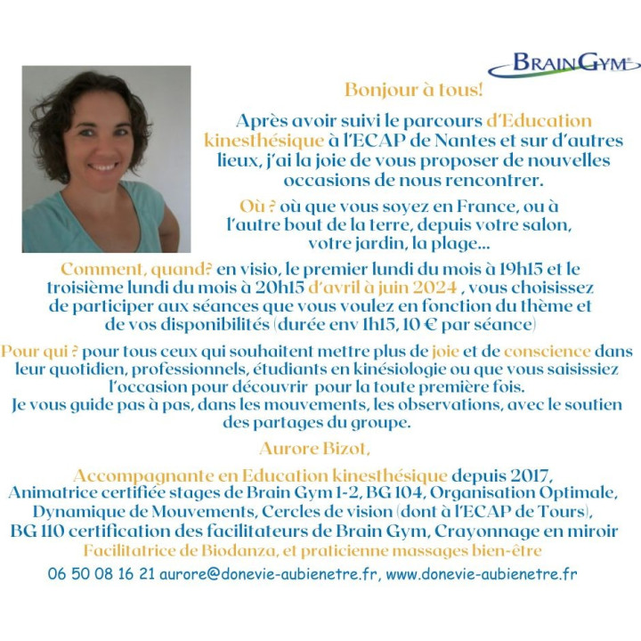 Formation en ligne Ateliers Brain Gym par Aurore Bizot
