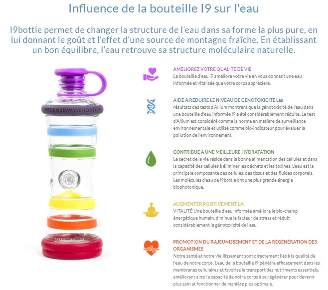 Bouteille d'eau informée i9 (couleur des 7 chakras)