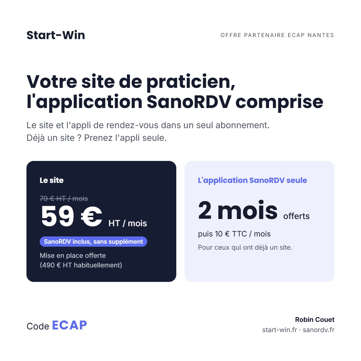 Offre partenaire ECAP : site de praticien à 59 € HT/mois avec l'application SanoRDV comprise, ou SanoRDV seul avec 2 mois offerts. Code ECAP
