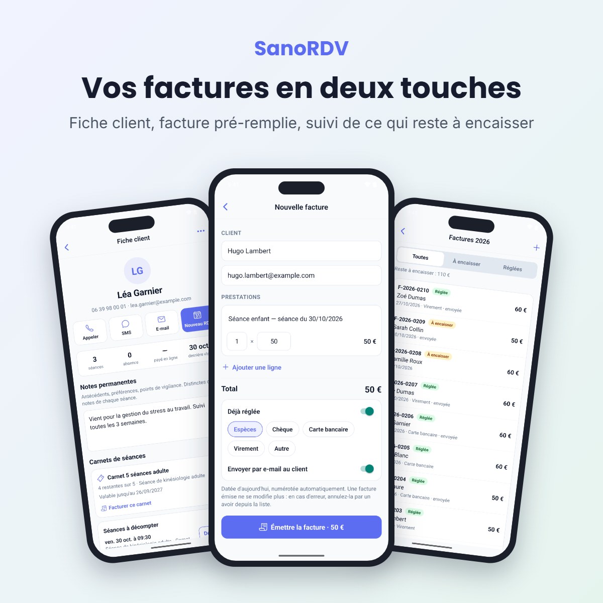 SanoRDV clients et factures : fiche client, nouvelle facture, liste des factures