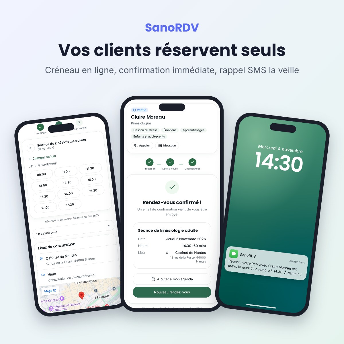 SanoRDV réservation : choix du créneau, confirmation et rappel SMS